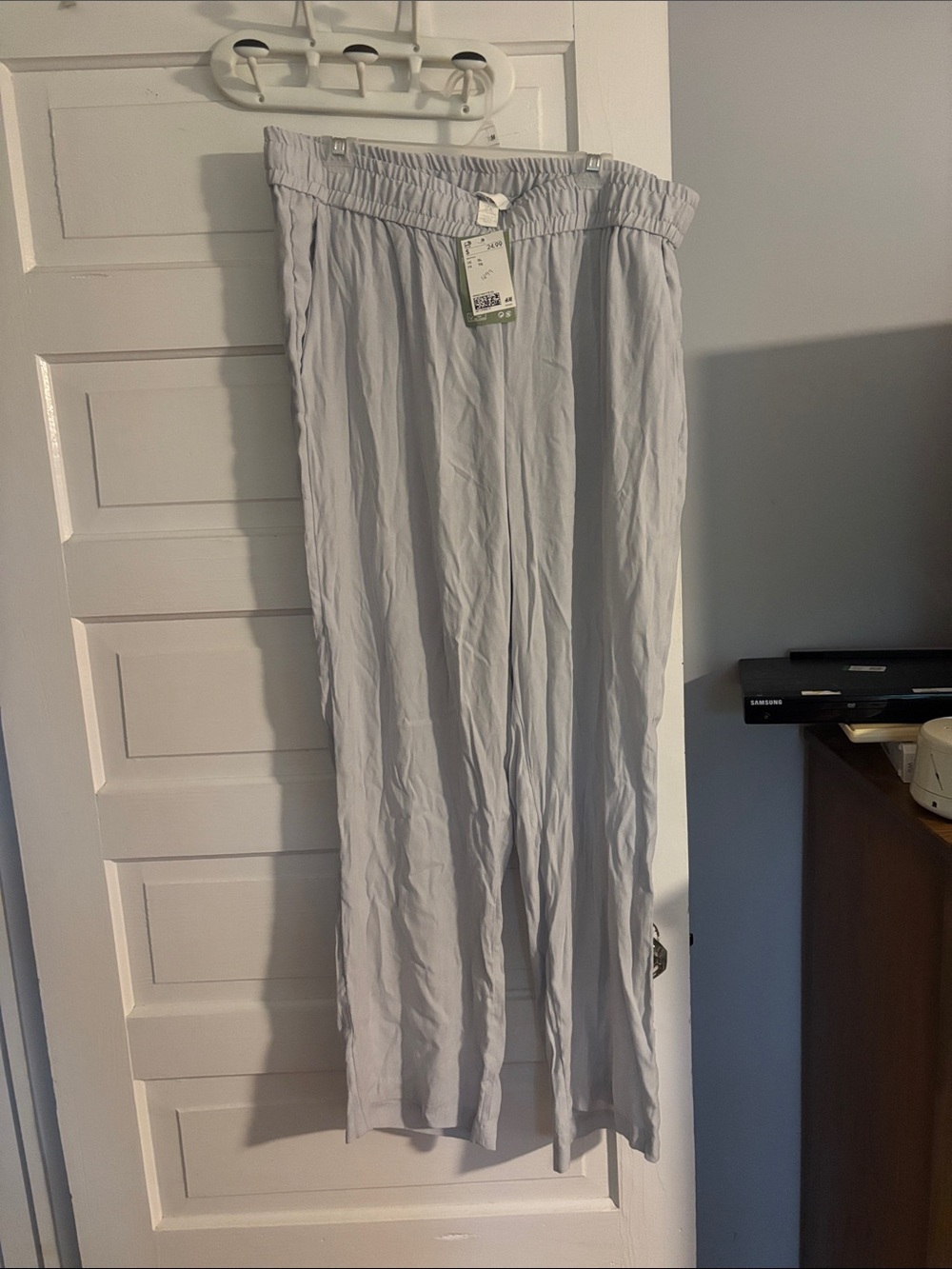Light Gray/Blue Flowy Elastic-Waist Casual Pants